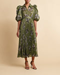 Plissé Maxi Dress - Green Roses
