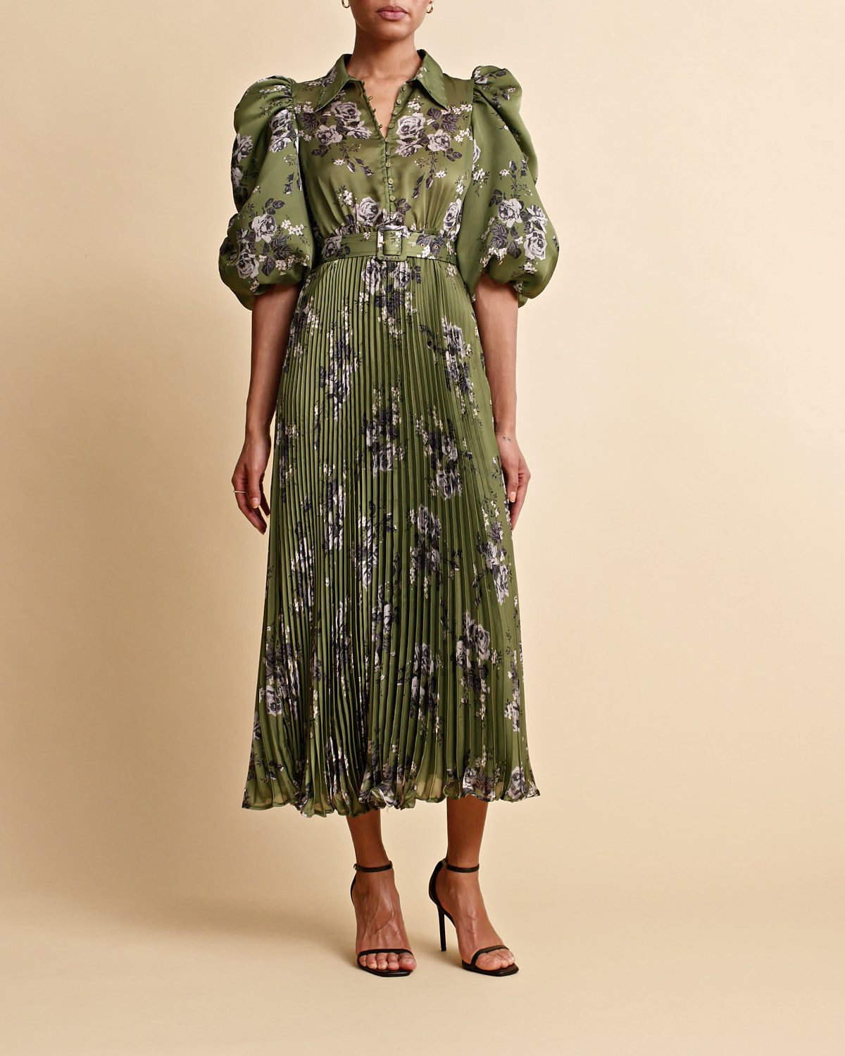 Plissé Maxi Dress - Green Roses