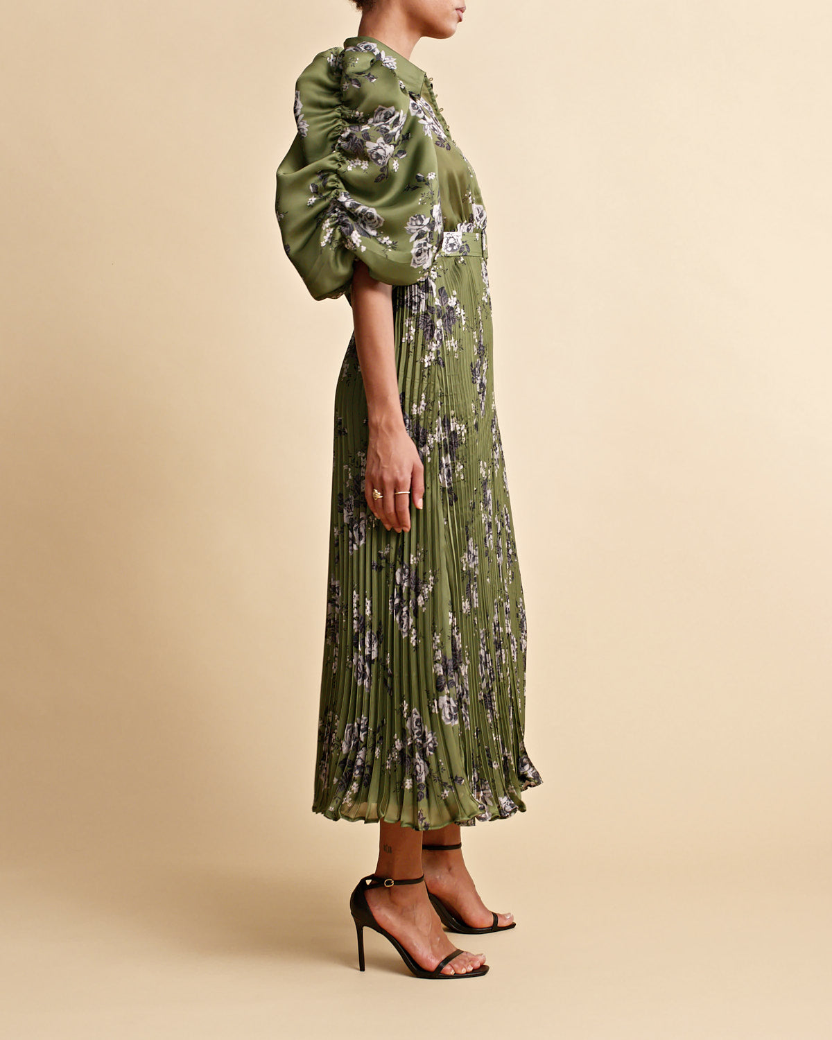 Plissé Maxi Dress - Green Roses