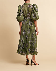 Plissé Maxi Dress - Green Roses