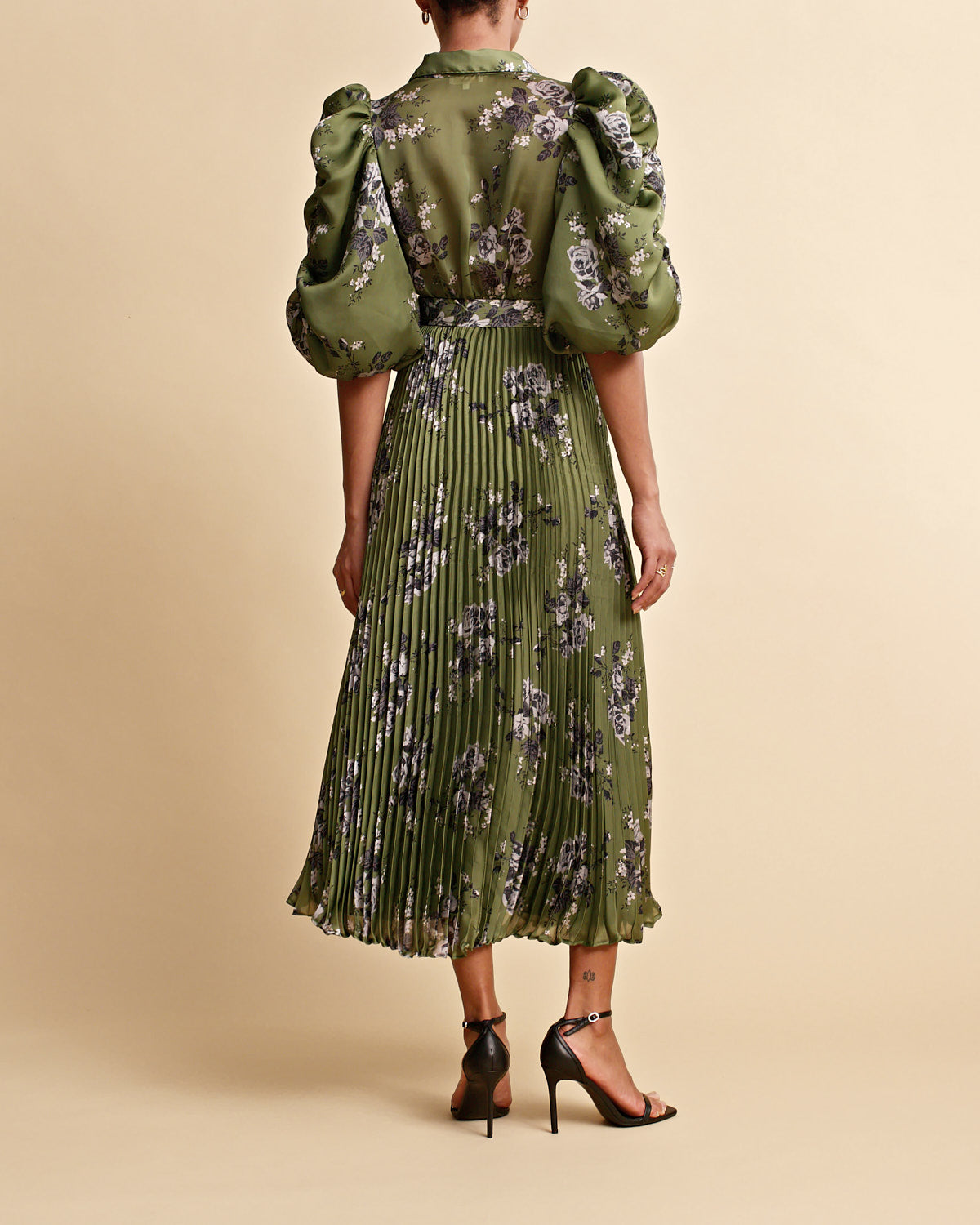 Plissé Maxi Dress - Green Roses