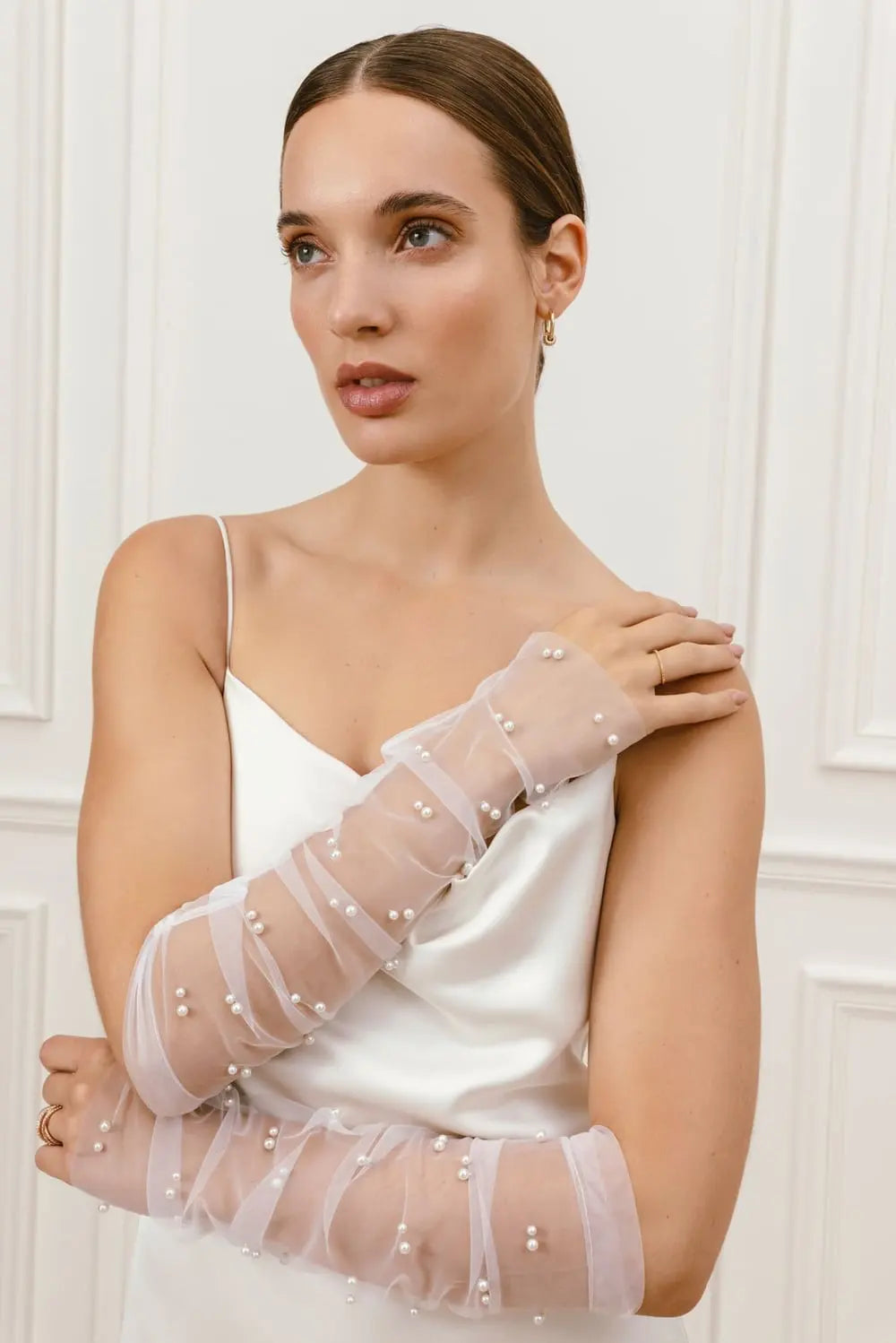 Pearl Beaded Elbow Length Gloves - Ivory