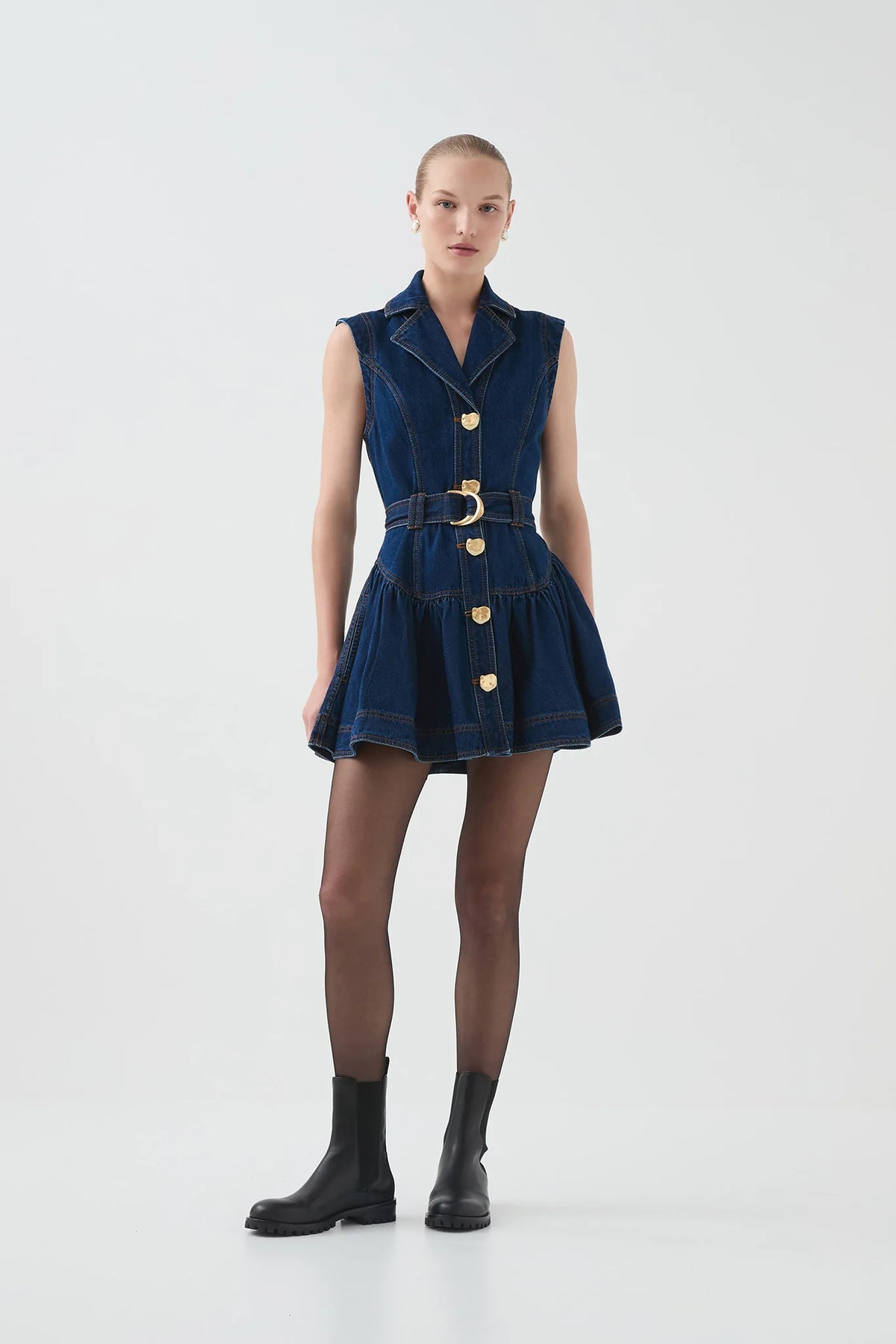 Aje Elena Belted Denim Mini Dress - Dark Classic Wash
