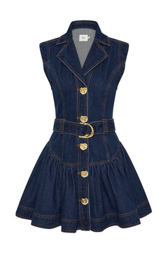 Elena Belted Denim Mini Dress - Dark Classic Wash