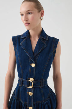 Elena Belted Denim Mini Dress - Dark Classic Wash