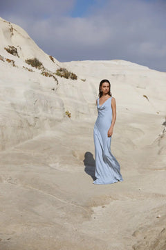 Leah Cowl Satin Maxi Dress - Dusty Blue