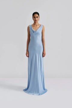Leah Cowl Satin Maxi Dress - Dusty Blue