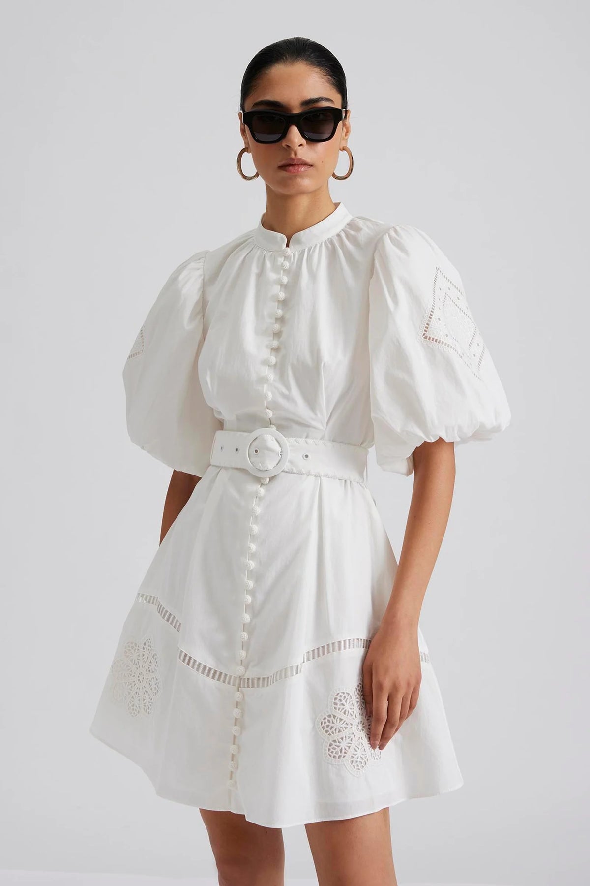 Allie Pouf Sleeve Embroidered Mini Dress - White