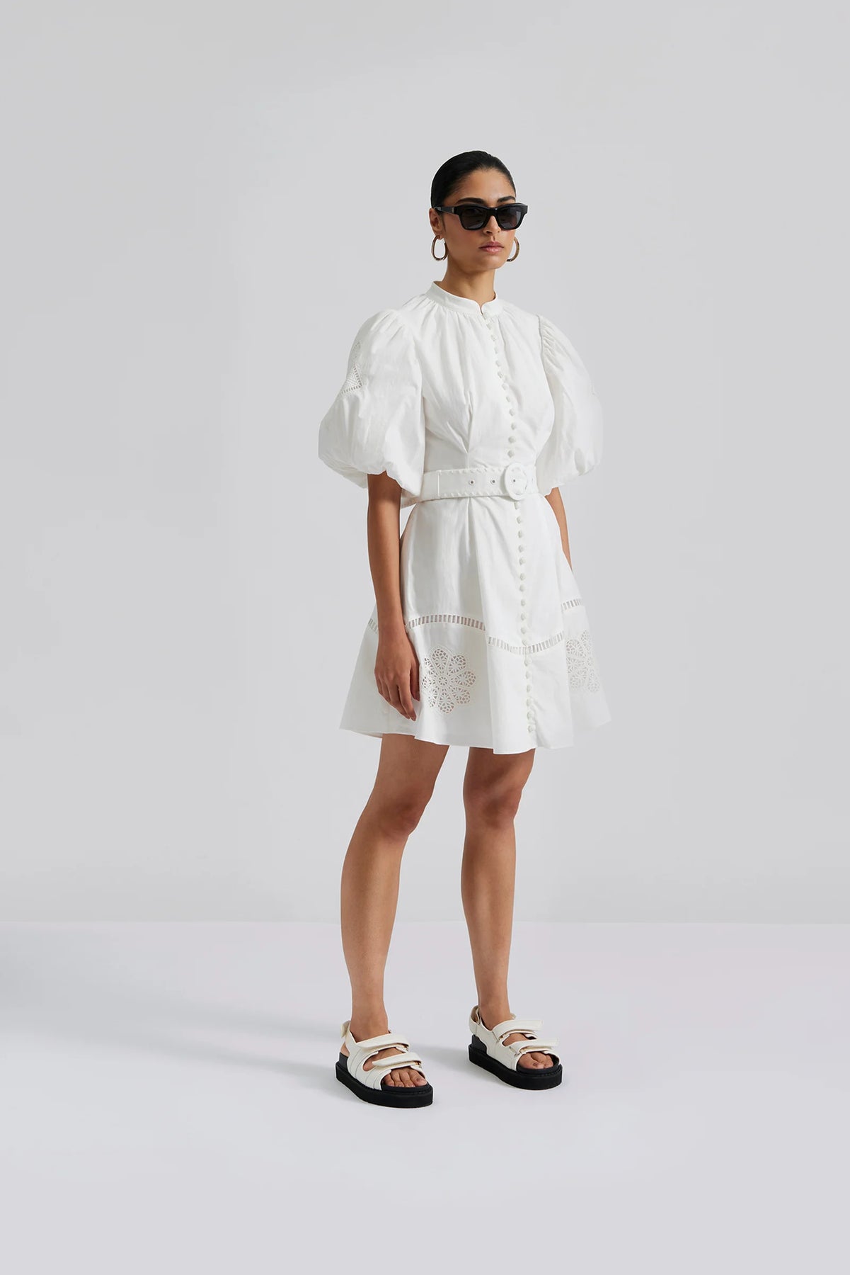 Allie Pouf Sleeve Embroidered Mini Dress - White
