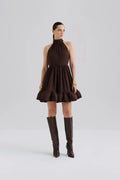 Fern Halterneck Ruffled Mini Dress - Chokladbrun