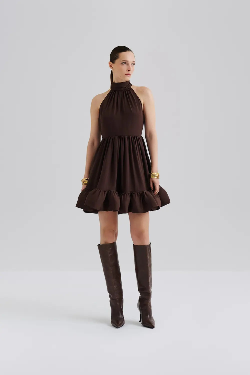 Fern Halterneck Ruffled Mini Dress - Chokladbrun