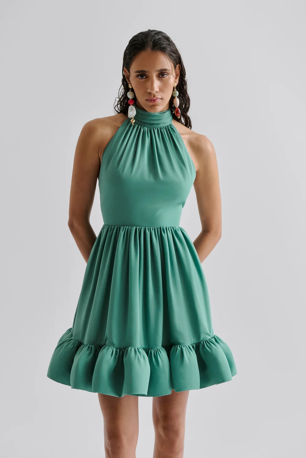 MALINA Fern Halterneck Ruffled Mini Dress - Deep Aqua