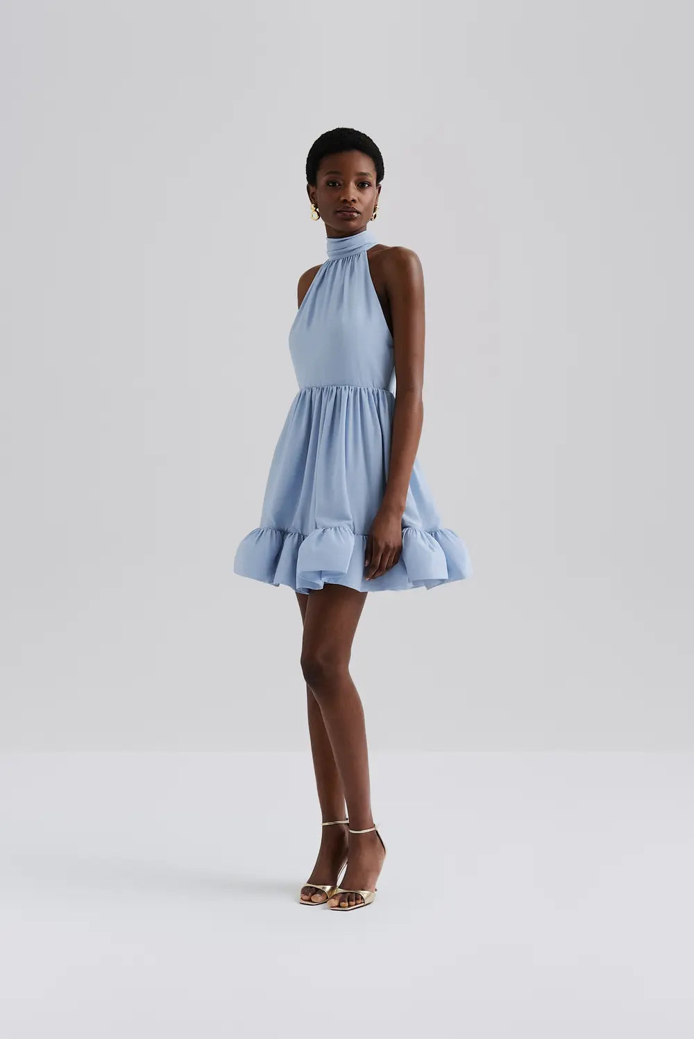 Fern Halterneck Ruffled Mini Dress - Dusty Blue