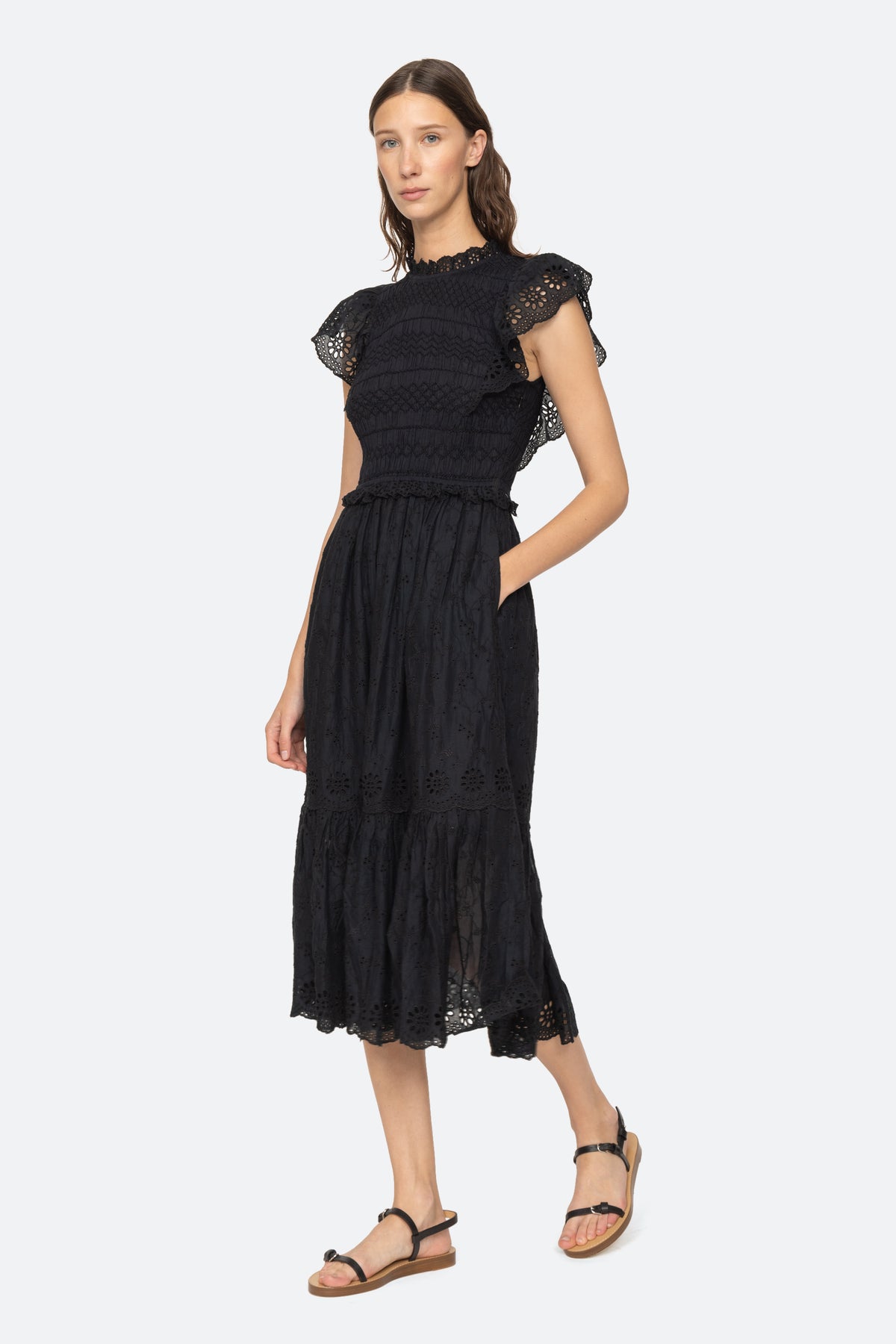 Veronique Embroidery Flutter Slv Dress - Black