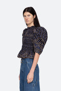 Delphine Pucker Cotton Puff Slv Smocked Top - Blue