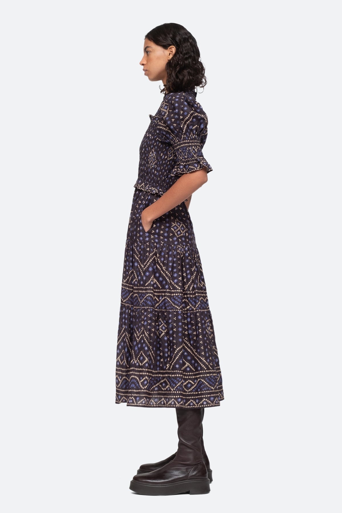 Delphine Pucker Cotton Puff Slv Smocked Dress - Blue