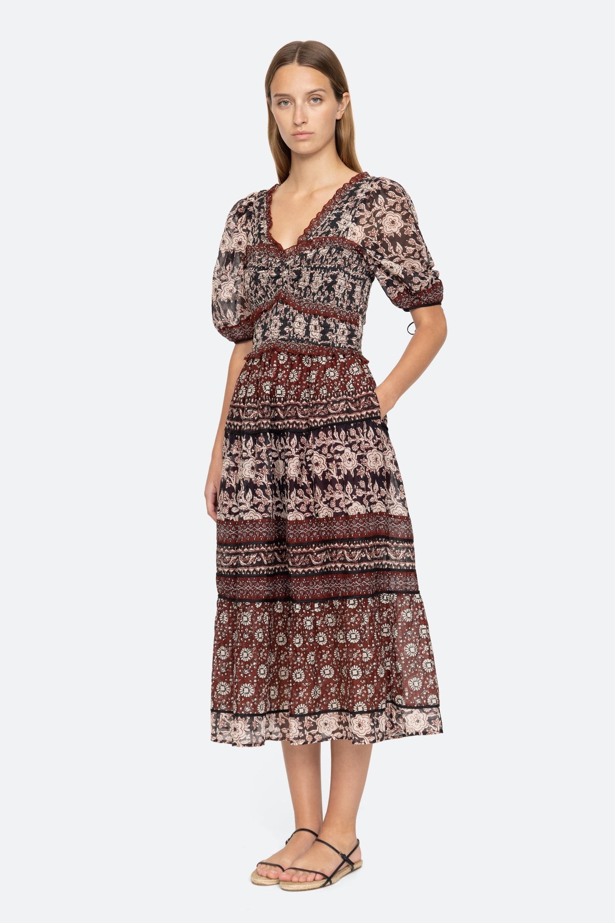 Danae Print Puff Slv Smocked Dress - Red