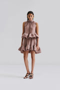 Lune Halterneck Frilled Hem Blus - Taupe