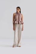 Lune Halterneck Frilled Hem Blus - Taupe