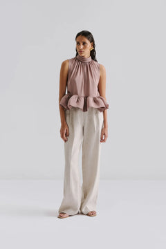 Lune Halterneck Frilled Hem Blouse - Taupe