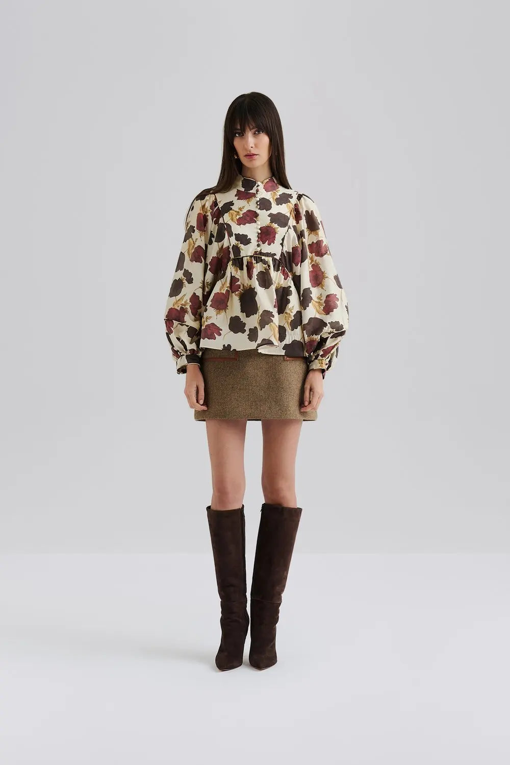 Pernilla High Neck Balloon Sleeve Blus - Wine Peony