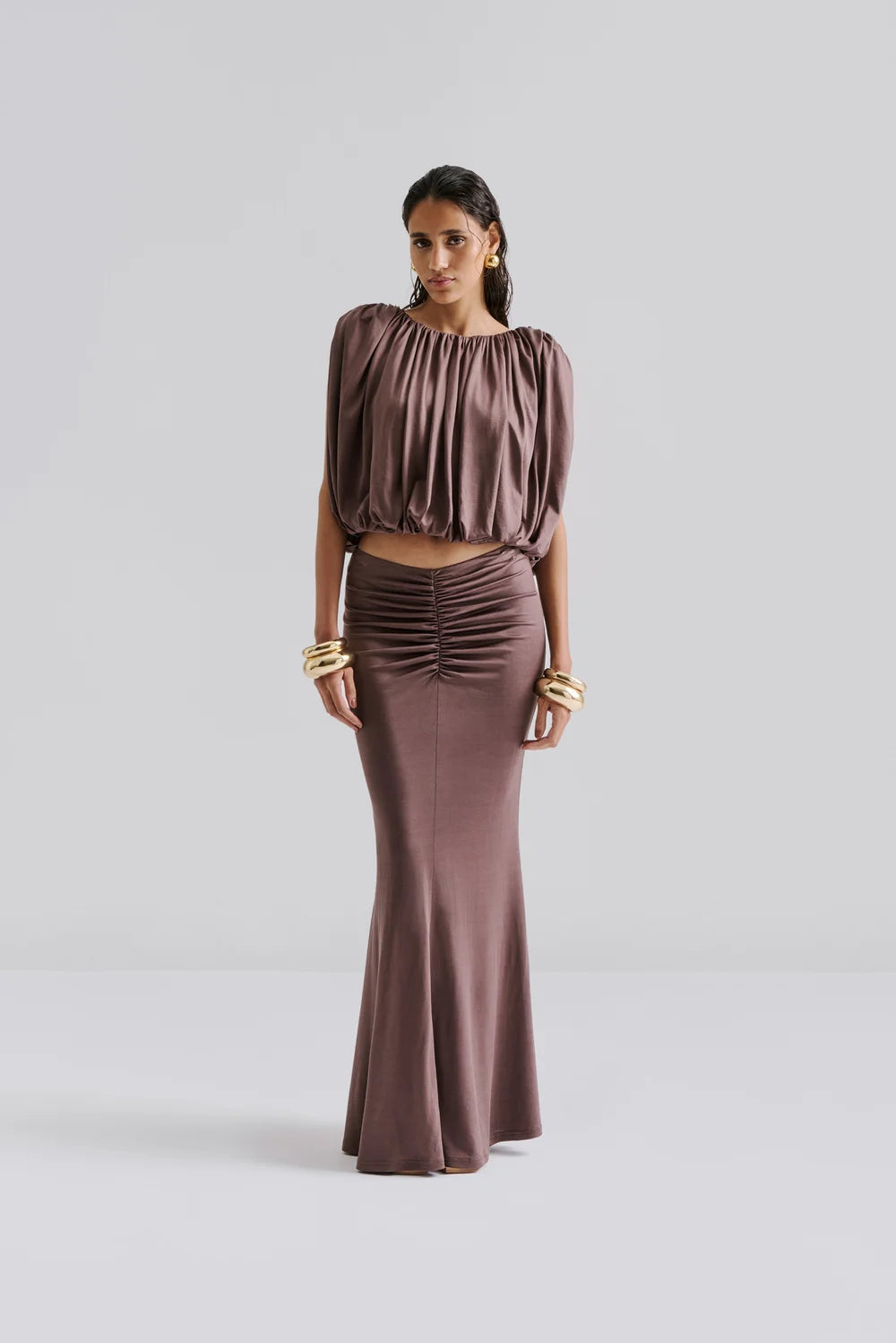 Majori Ruched Jersey Maxi Skirt - Chocolate
