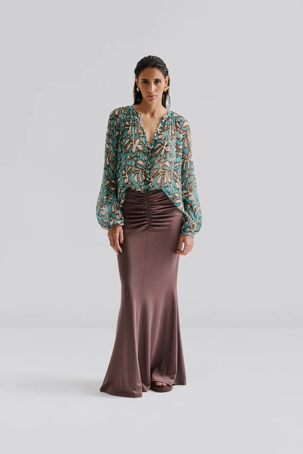 Majori Ruched Jersey Maxi Skirt - Chocolate