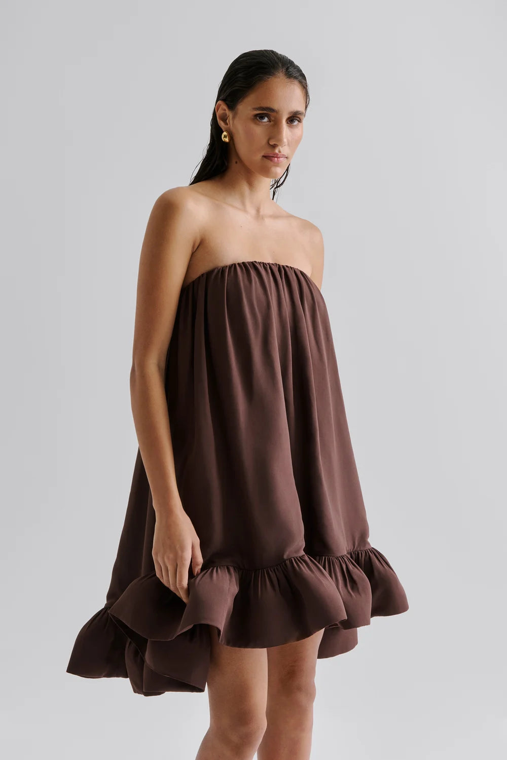Mikala Strapless Ruffled Mini Dress - Chocolate