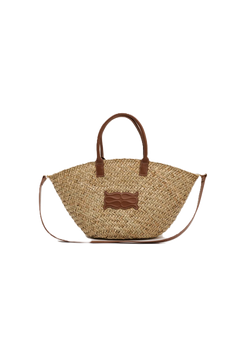 Large Leather Trimmed Monogram Straw Tote - Cognac