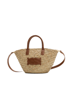 Small Leather Trimmed Monogram Straw Tote - Cognac