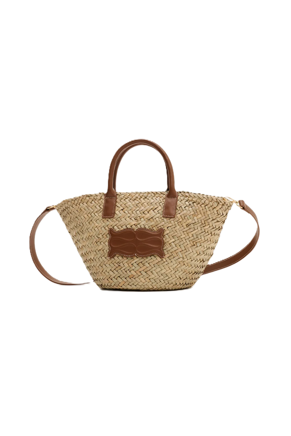 Small Leather Trimmed Monogram Straw Tote - Cognac
