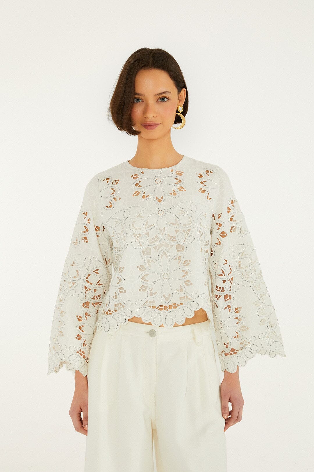 Flowers Richelieu Long Sleeve Blouse - Off-White