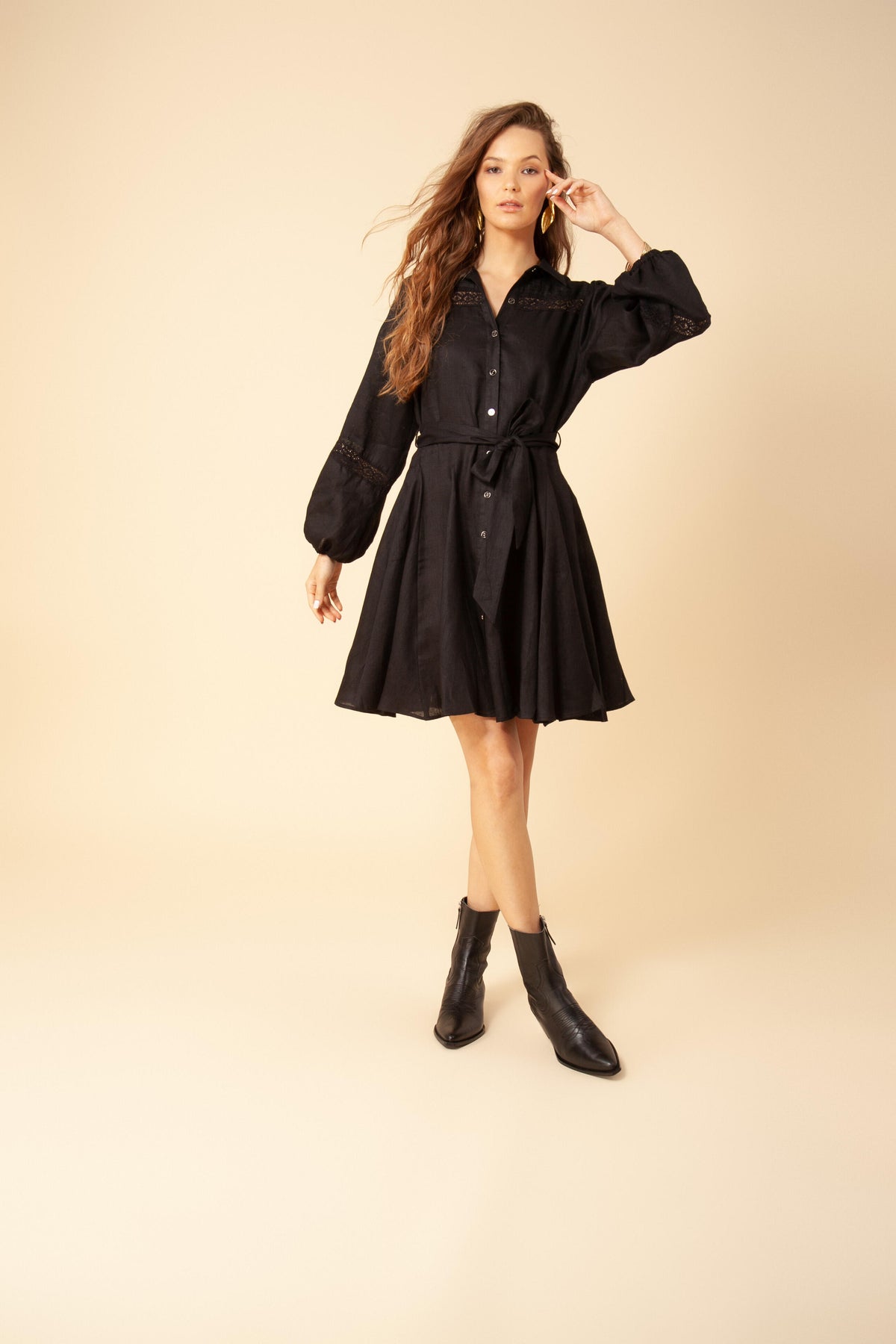 Florina Solid Linen Dress - Black