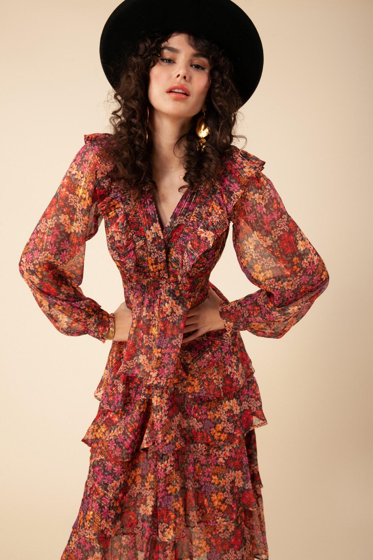 Jeanne Tiered Skirt Dress - Gold