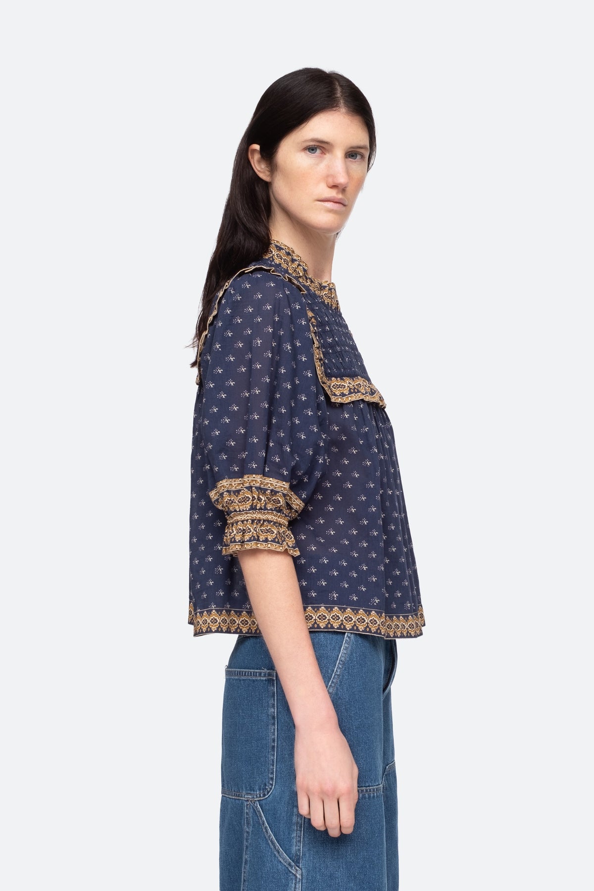 Arlita Print Puff Slv Top - Navy