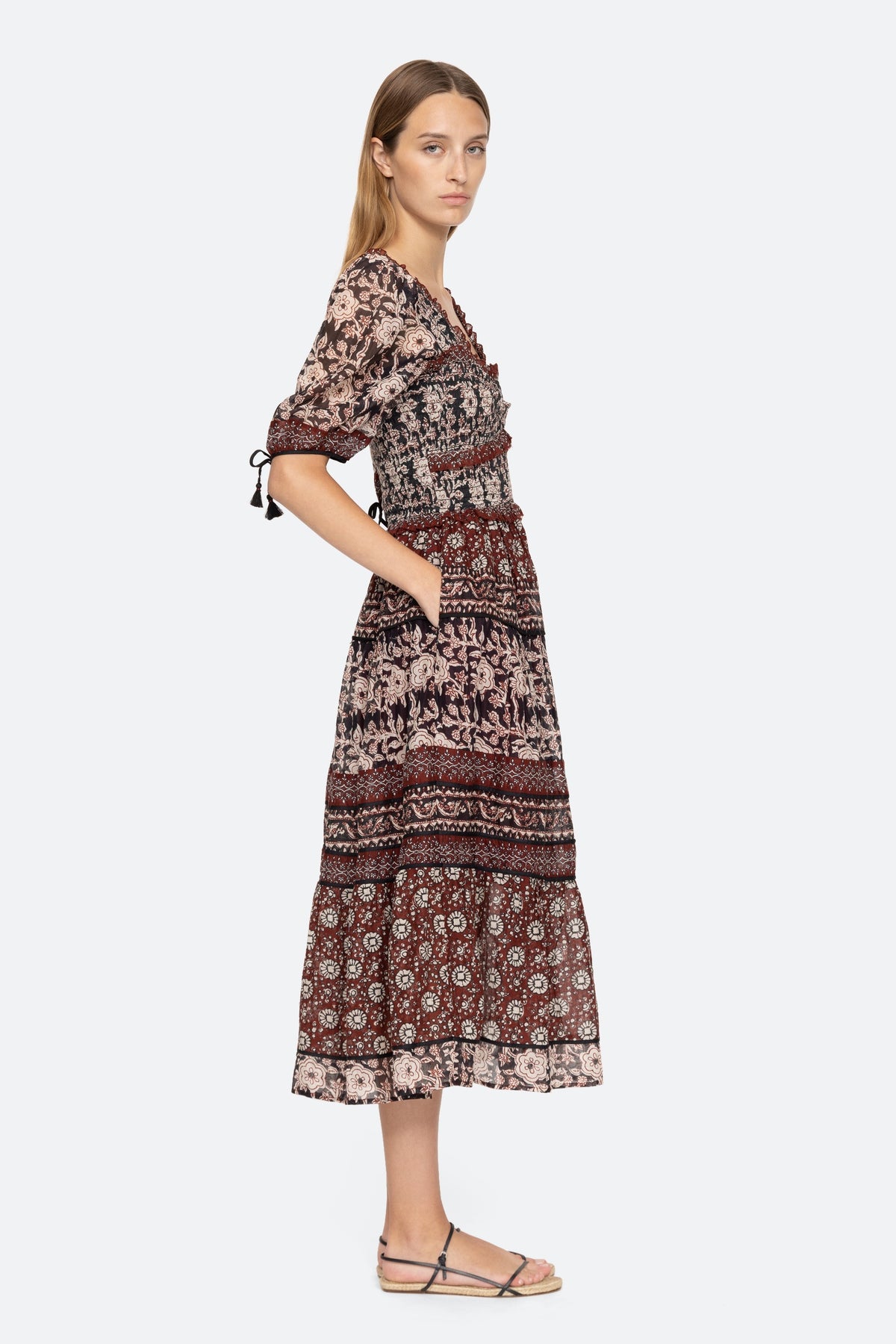 Danae Print Puff Slv Smocked Dress - Red