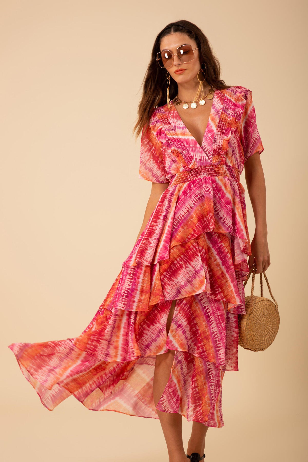 Caroline Dress Tiered Skirt - Pink