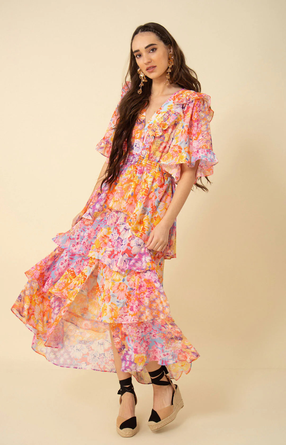 Peyton Dress W Tiered Skirt - Coral