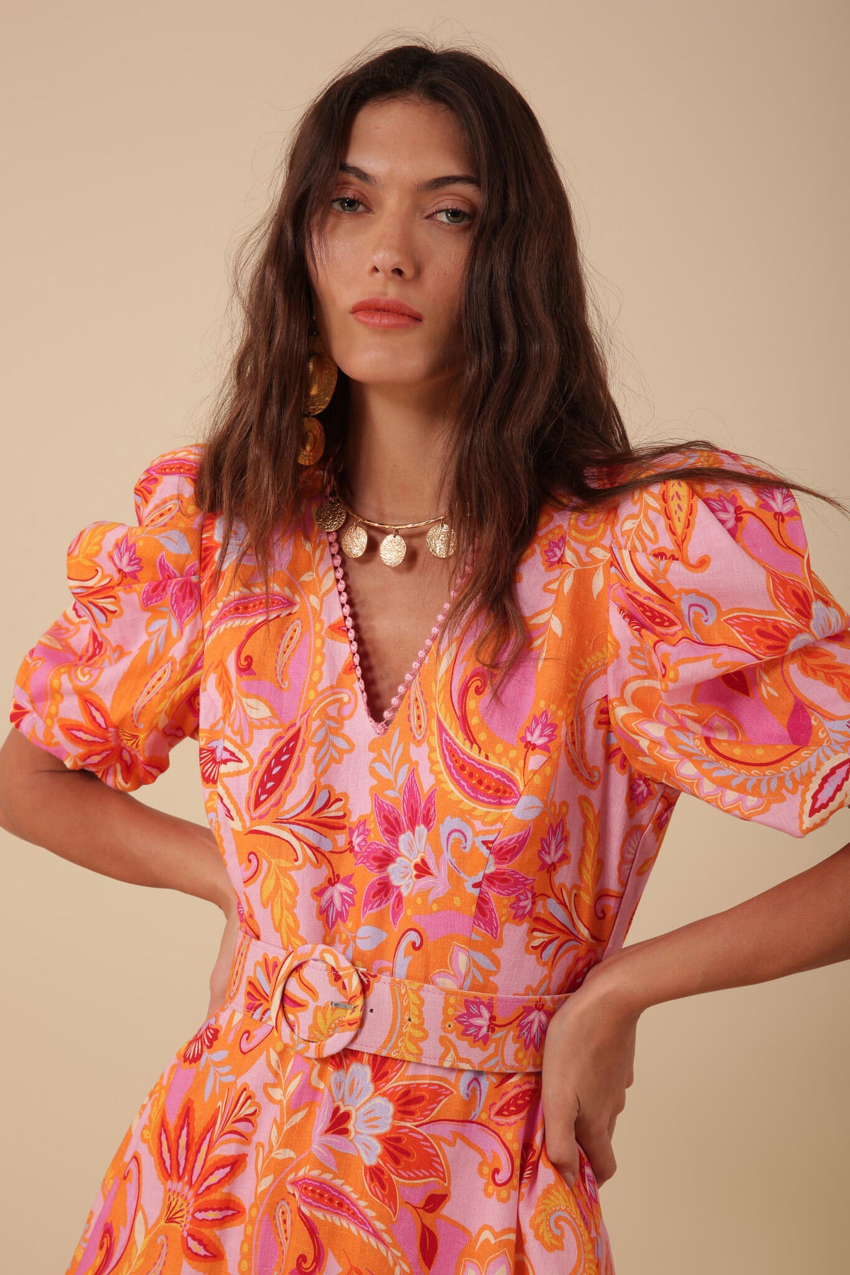 Mary Linen Dress W Belt - Pink
