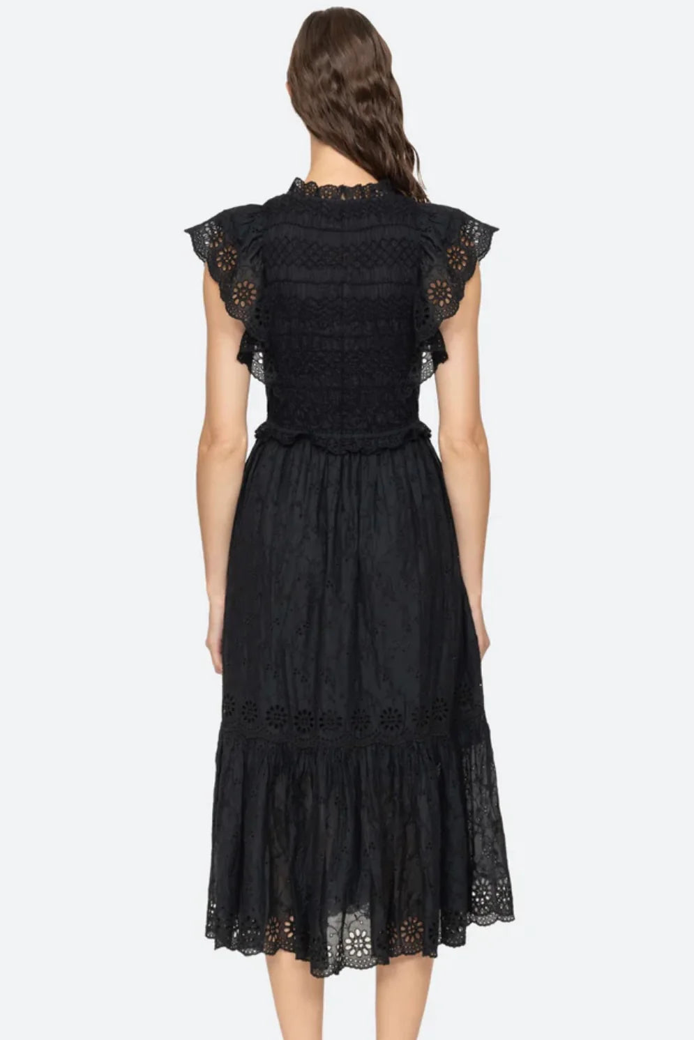 Veronique Embroidery Flutter Slv Dress - Black