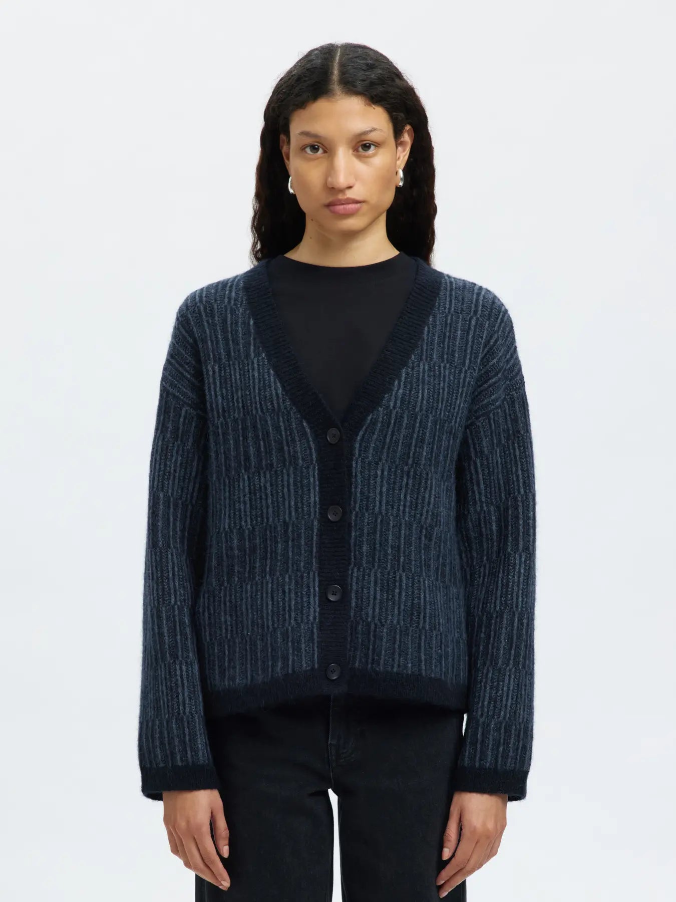 Alva Ls Knit Stripe V-Cardigan - Dark Sapphire Key Largo