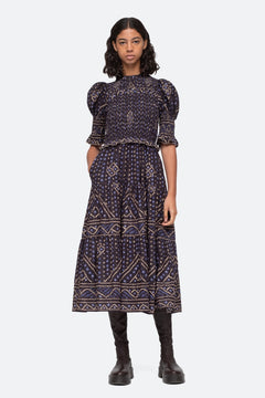 Delphine Pucker Cotton Puff Slv Smocked Dress - Blue