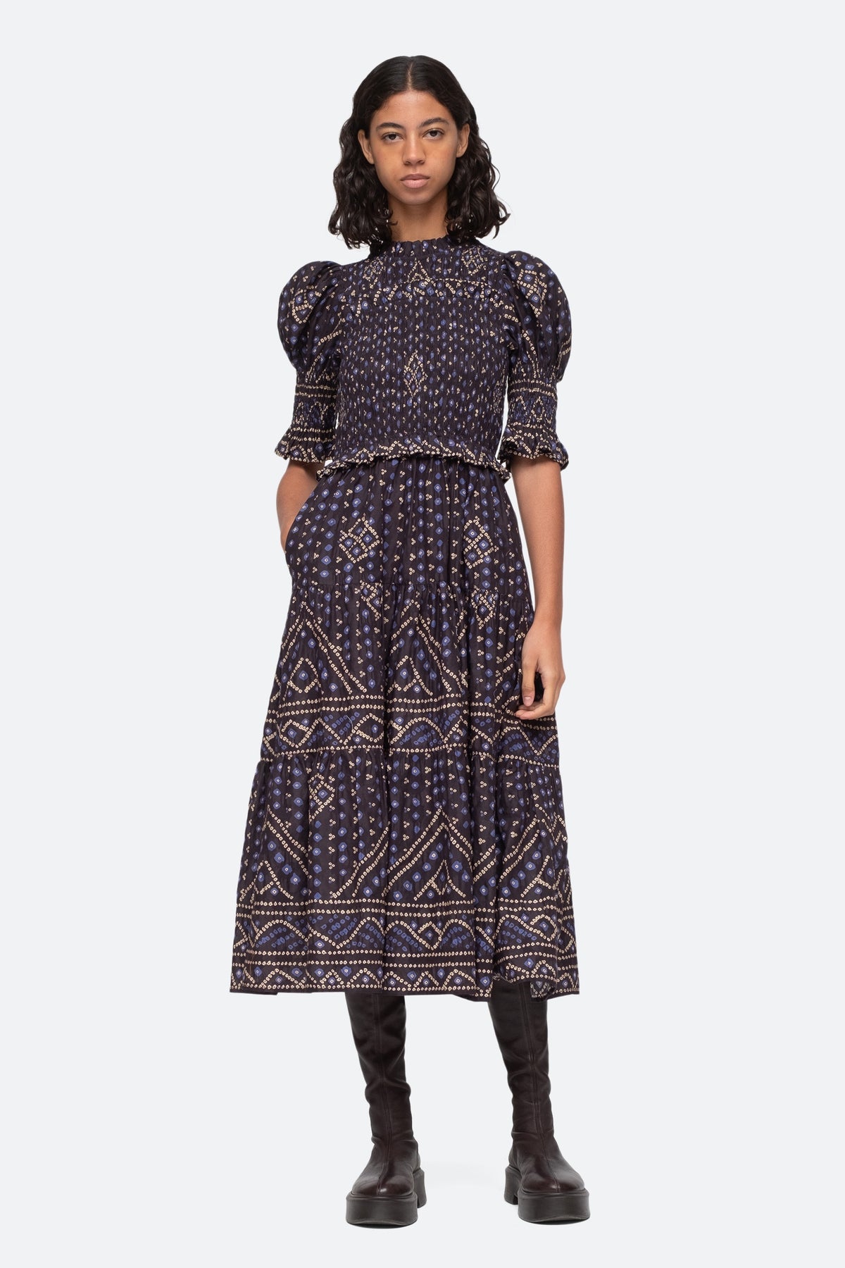 Delphine Pucker Cotton Puff Slv Smocked Dress - Blue