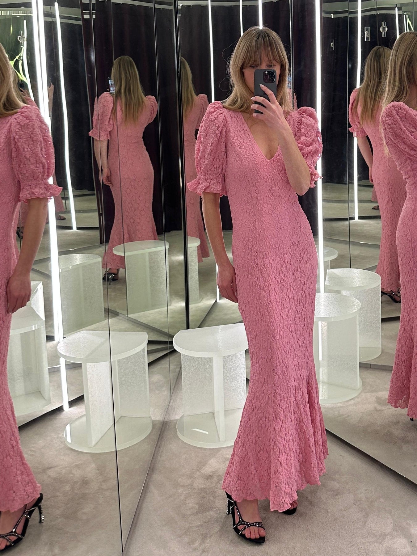 Lace Puff Sleeve Dress - Sea Pink