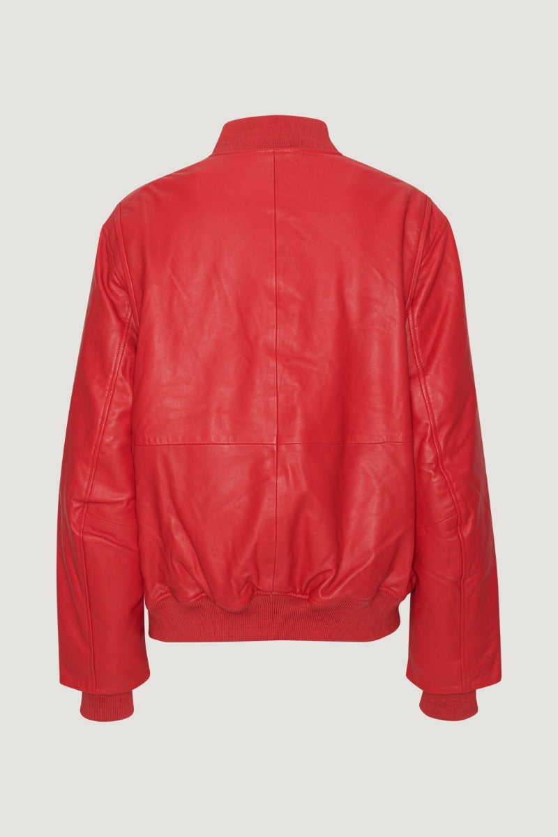 Leather Bomber Jacket - Chinese Red