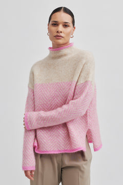 Herrin Knit Stripe T-Neck - Begonia Pink