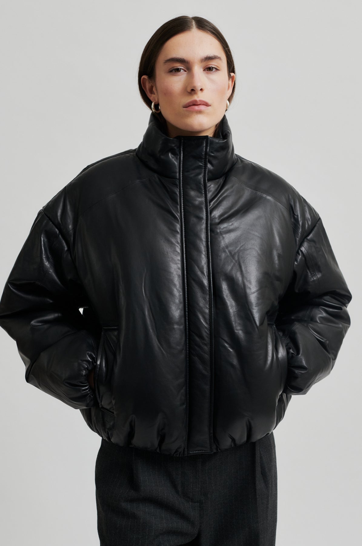 Harlow Leather Bomber Jacket - Black