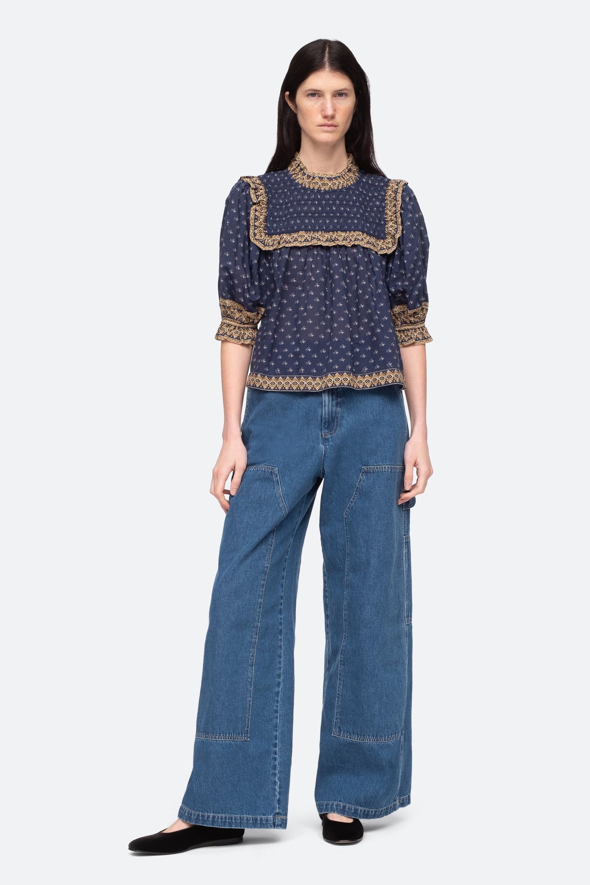 Arlita Print Puff Slv Top - Navy