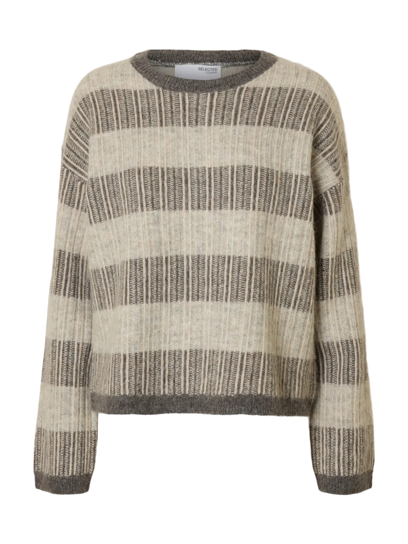 Alva Ls Knit Stripe O-Neck - Medium Grey Melange / Birch