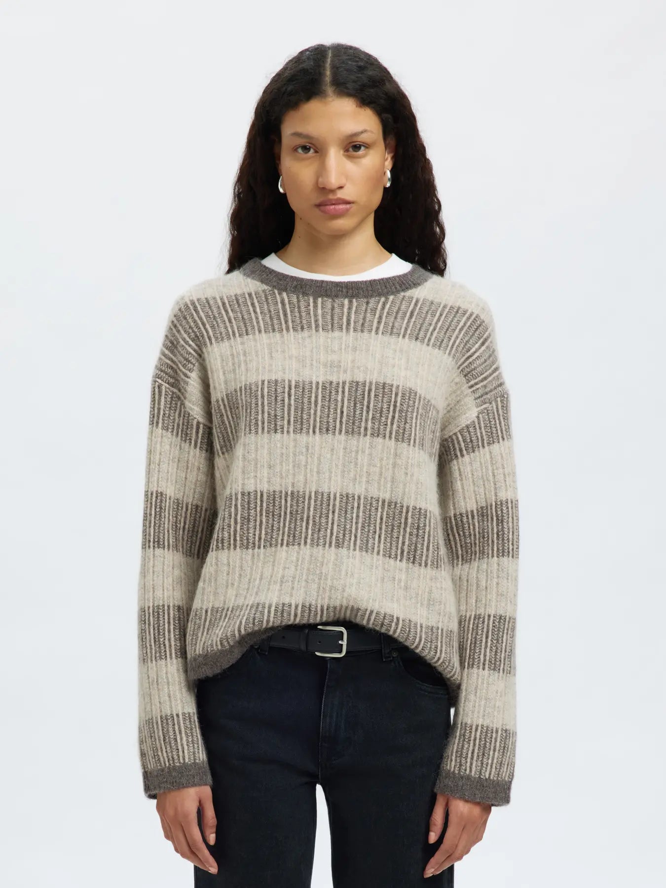 Alva Ls Knit Stripe O-Neck - Medium Grey Melange / Birch